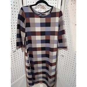 EMERY ROSE Women's M Plaid 3/4 Sleeve Dress Brown Blue Gray Casual Everyday